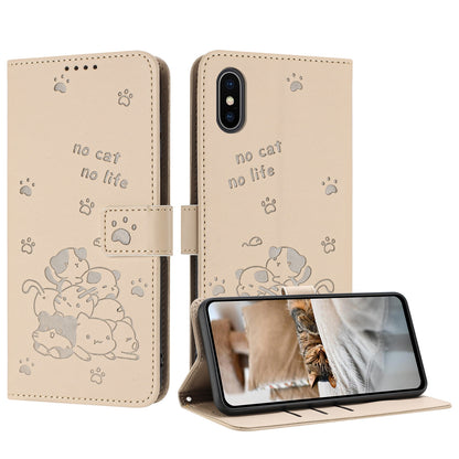 Apple iPhone XS Max Embossed Kitten PU Leather Wallet Case with Card Slots, Cash Pocket, Kickstand Function, Wrist Lanyard Strap, Full Protective TPU Flip Cover