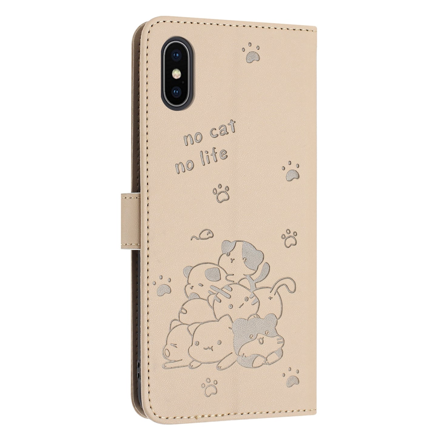 Apple iPhone XS Max Embossed Kitten PU Leather Wallet Case with Card Slots, Cash Pocket, Kickstand Function, Wrist Lanyard Strap, Full Protective TPU Flip Cover