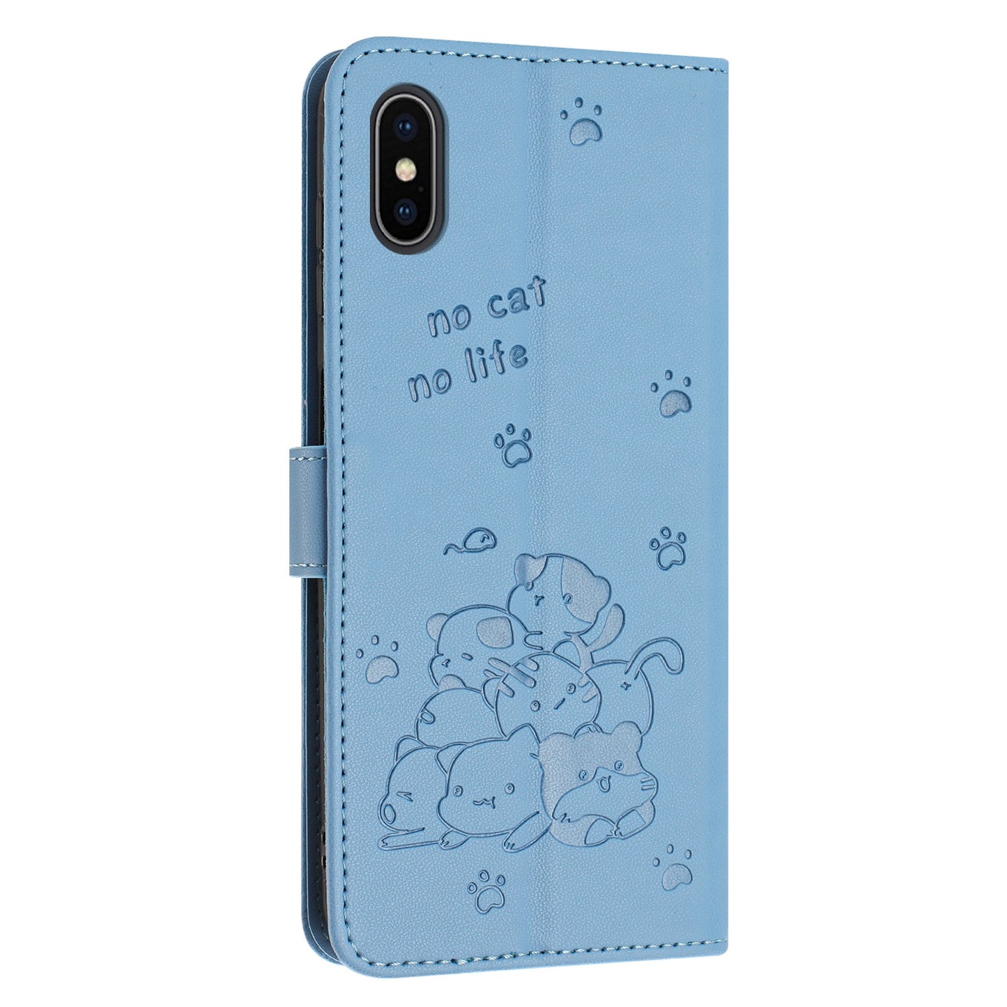 Apple iPhone XS Max Embossed Kitten PU Leather Wallet Case with Card Slots, Cash Pocket, Kickstand Function, Wrist Lanyard Strap, Full Protective TPU Flip Cover