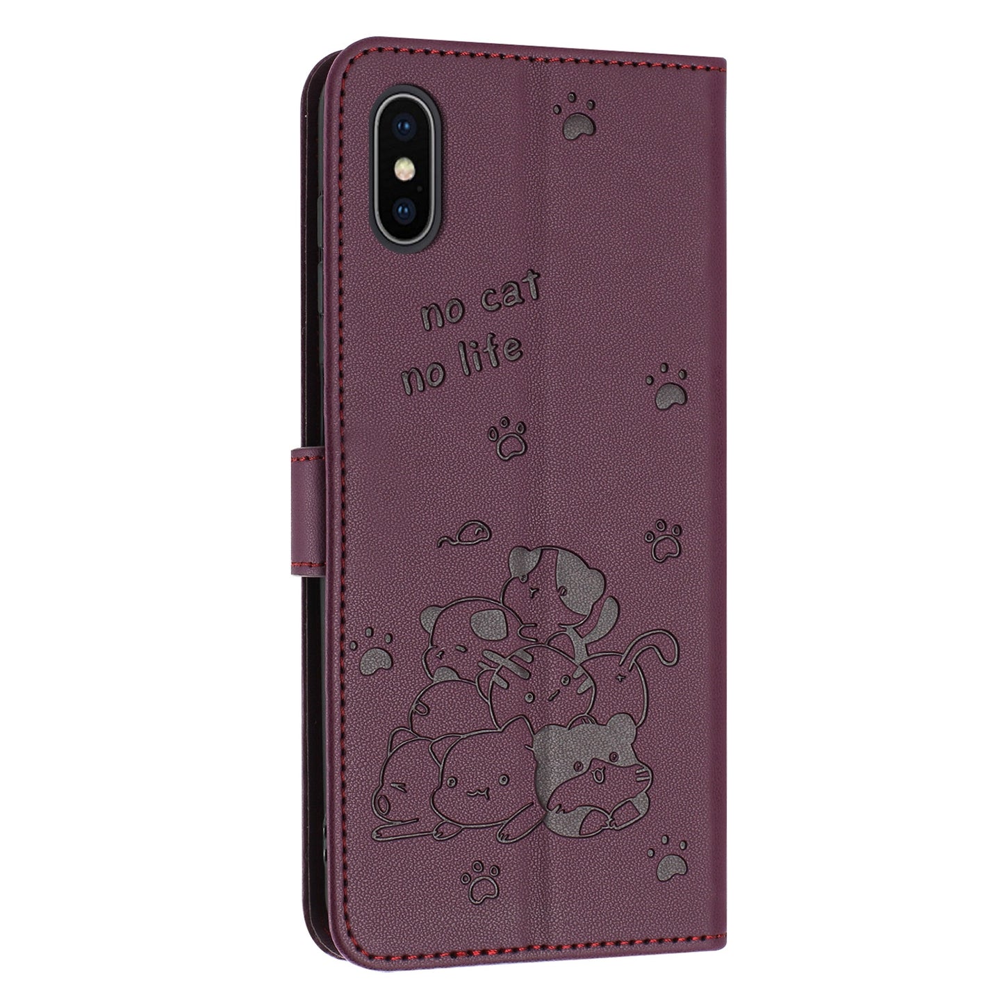 Apple iPhone XS Max Embossed Kitten PU Leather Wallet Case with Card Slots, Cash Pocket, Kickstand Function, Wrist Lanyard Strap, Full Protective TPU Flip Cover