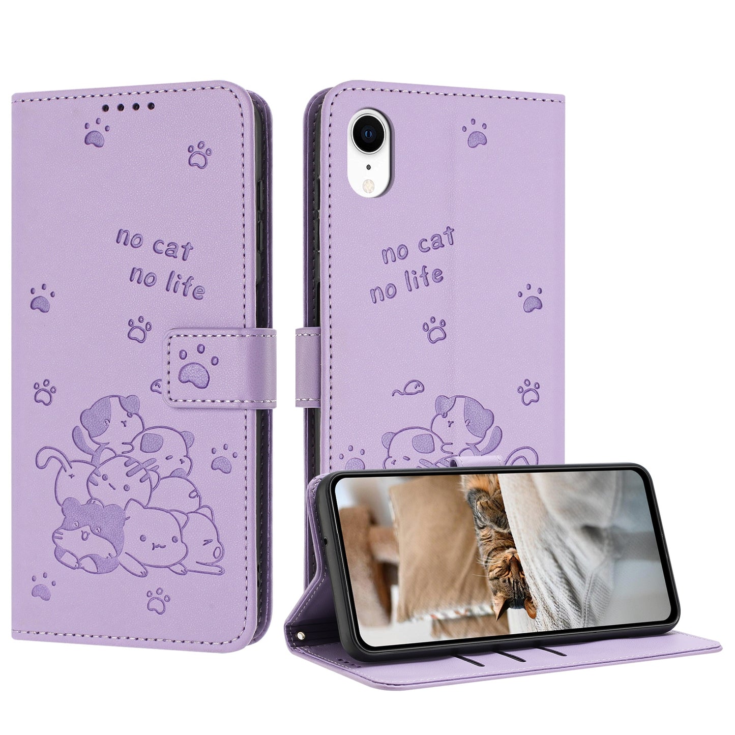Apple iPhone XR Embossed Kitten PU Leather Wallet Case with Card Slots, Cash Pocket, Kickstand Function, Wrist Lanyard Strap, Full Protective TPU Flip Cover