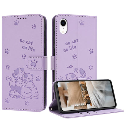 Apple iPhone XR Embossed Kitten PU Leather Wallet Case with Card Slots, Cash Pocket, Kickstand Function, Wrist Lanyard Strap, Full Protective TPU Flip Cover