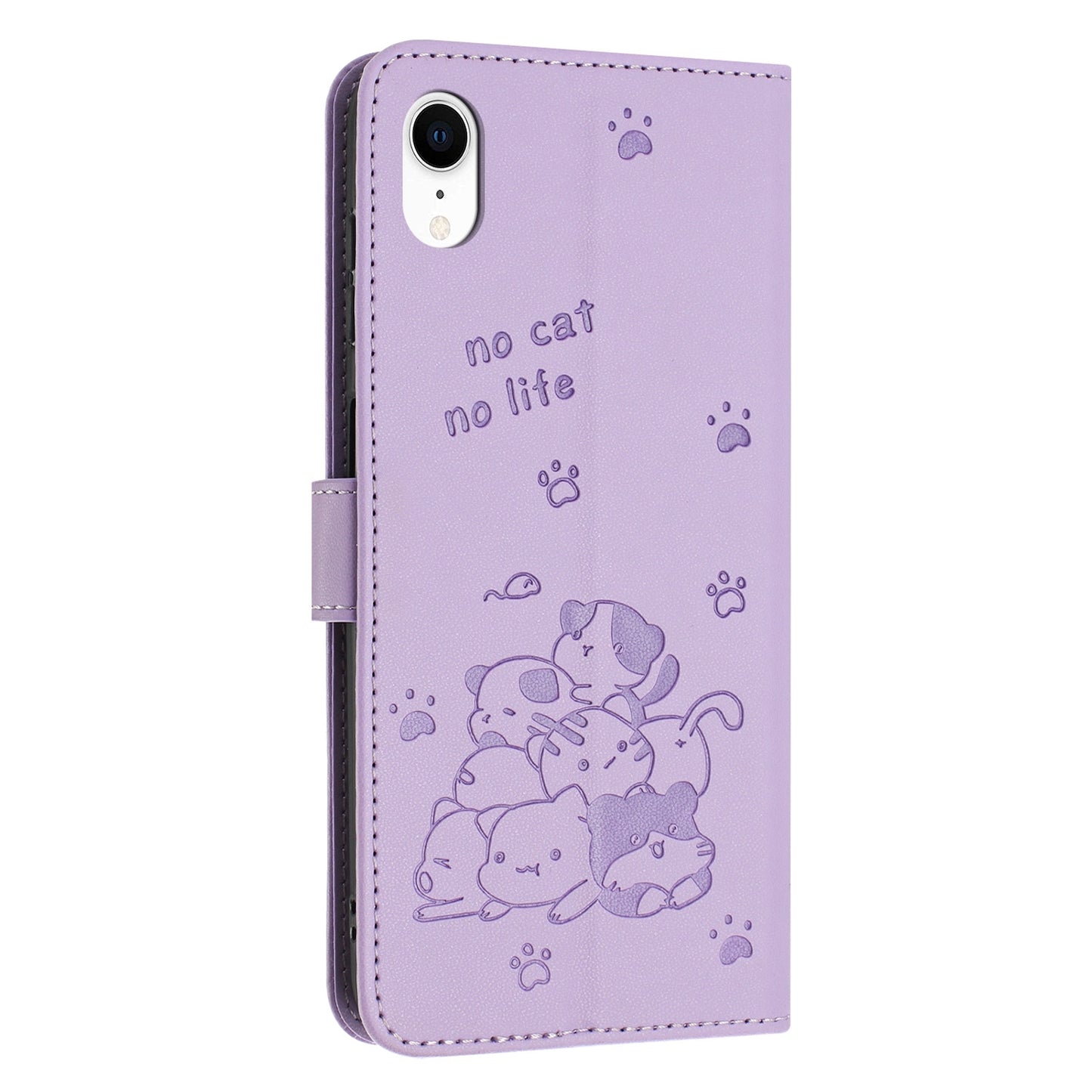 Apple iPhone XR Embossed Kitten PU Leather Wallet Case with Card Slots, Cash Pocket, Kickstand Function, Wrist Lanyard Strap, Full Protective TPU Flip Cover