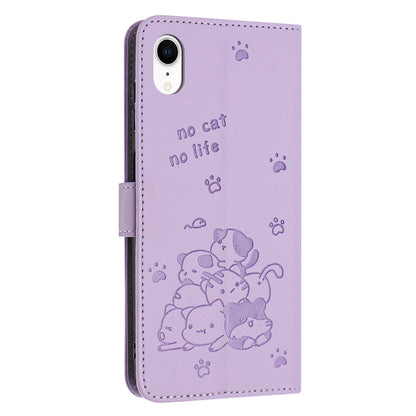 Apple iPhone XR Embossed Kitten PU Leather Wallet Case with Card Slots, Cash Pocket, Kickstand Function, Wrist Lanyard Strap, Full Protective TPU Flip Cover