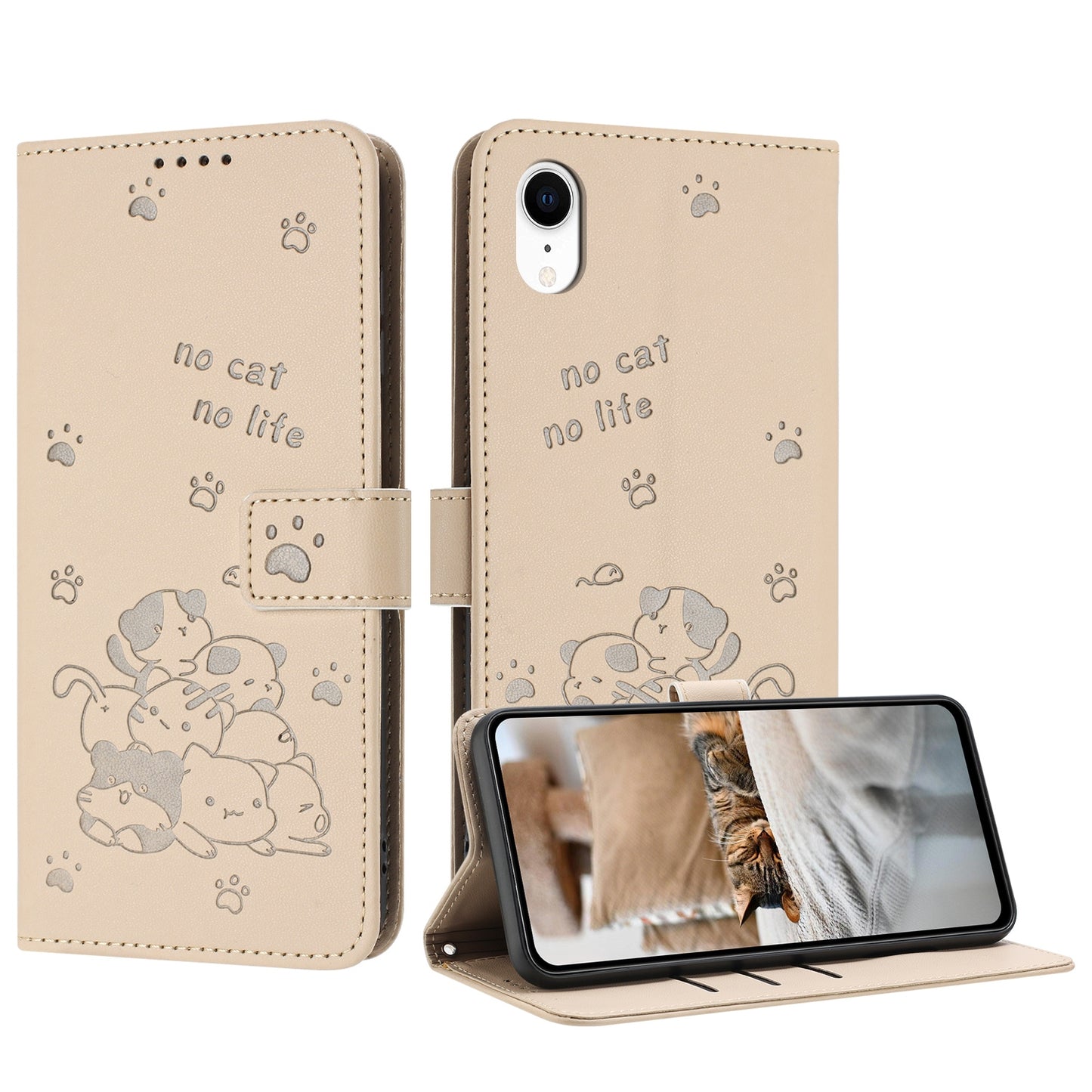 Apple iPhone XR Embossed Kitten PU Leather Wallet Case with Card Slots, Cash Pocket, Kickstand Function, Wrist Lanyard Strap, Full Protective TPU Flip Cover