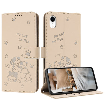 Apple iPhone XR Embossed Kitten PU Leather Wallet Case with Card Slots, Cash Pocket, Kickstand Function, Wrist Lanyard Strap, Full Protective TPU Flip Cover