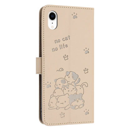 Apple iPhone XR Embossed Kitten PU Leather Wallet Case with Card Slots, Cash Pocket, Kickstand Function, Wrist Lanyard Strap, Full Protective TPU Flip Cover