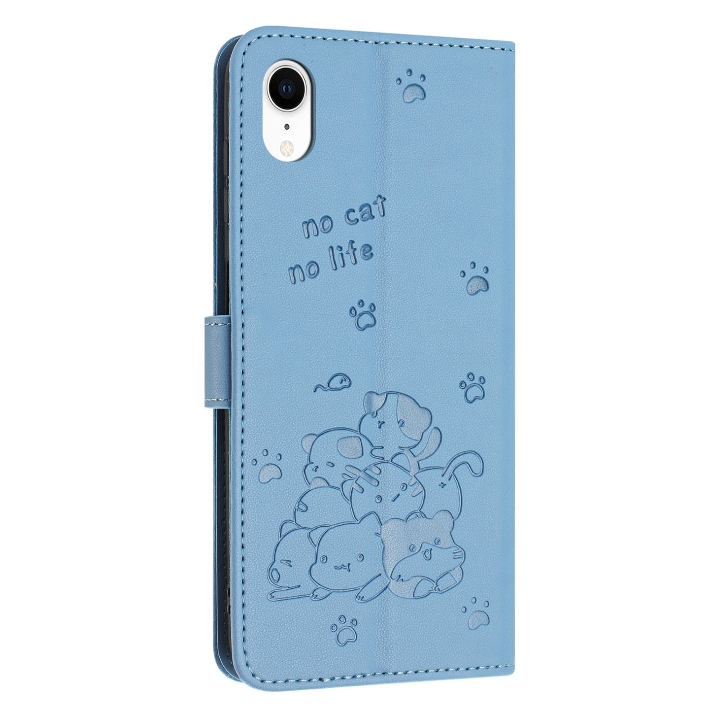 Apple iPhone XR Embossed Kitten PU Leather Wallet Case with Card Slots, Cash Pocket, Kickstand Function, Wrist Lanyard Strap, Full Protective TPU Flip Cover