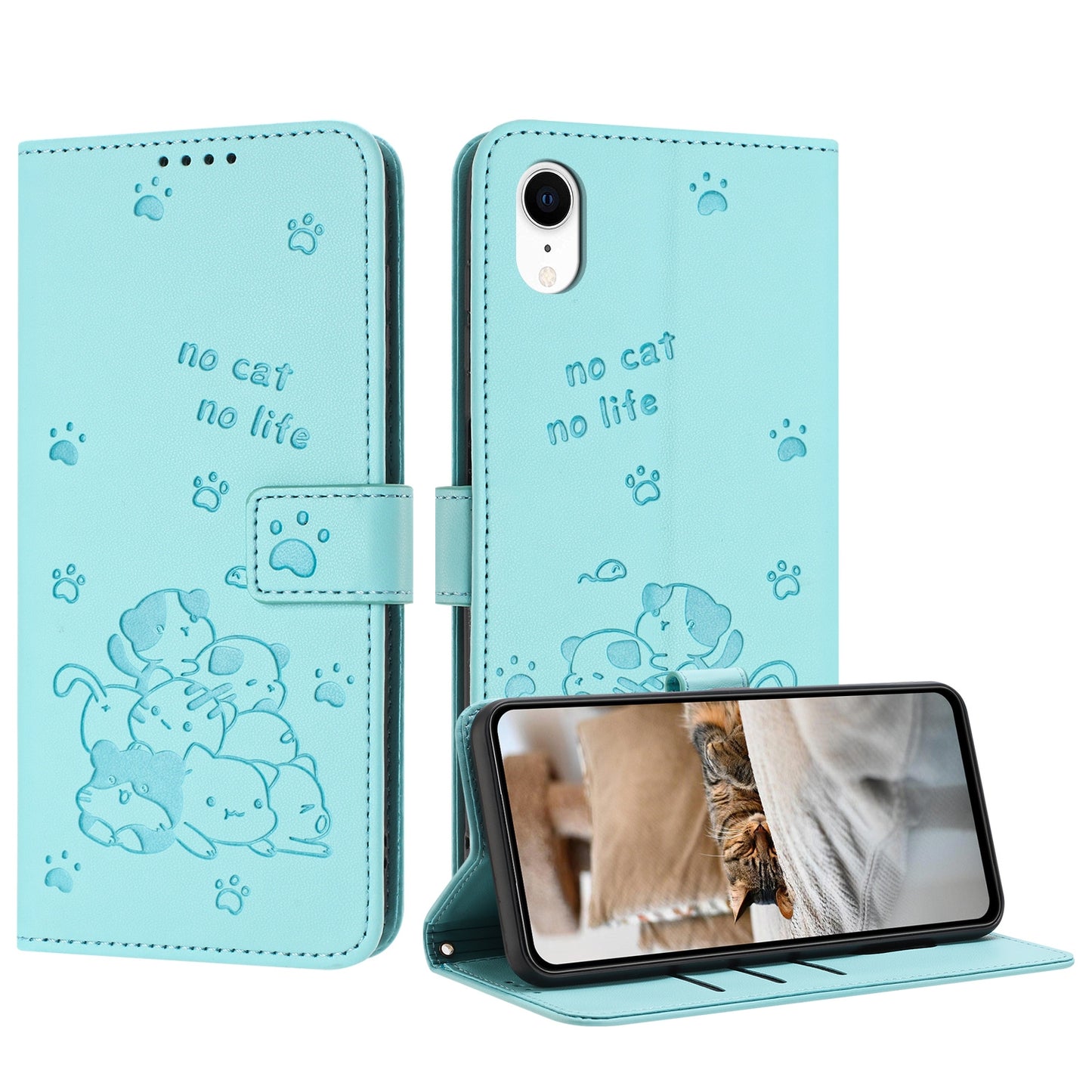 Apple iPhone XR Embossed Kitten PU Leather Wallet Case with Card Slots, Cash Pocket, Kickstand Function, Wrist Lanyard Strap, Full Protective TPU Flip Cover