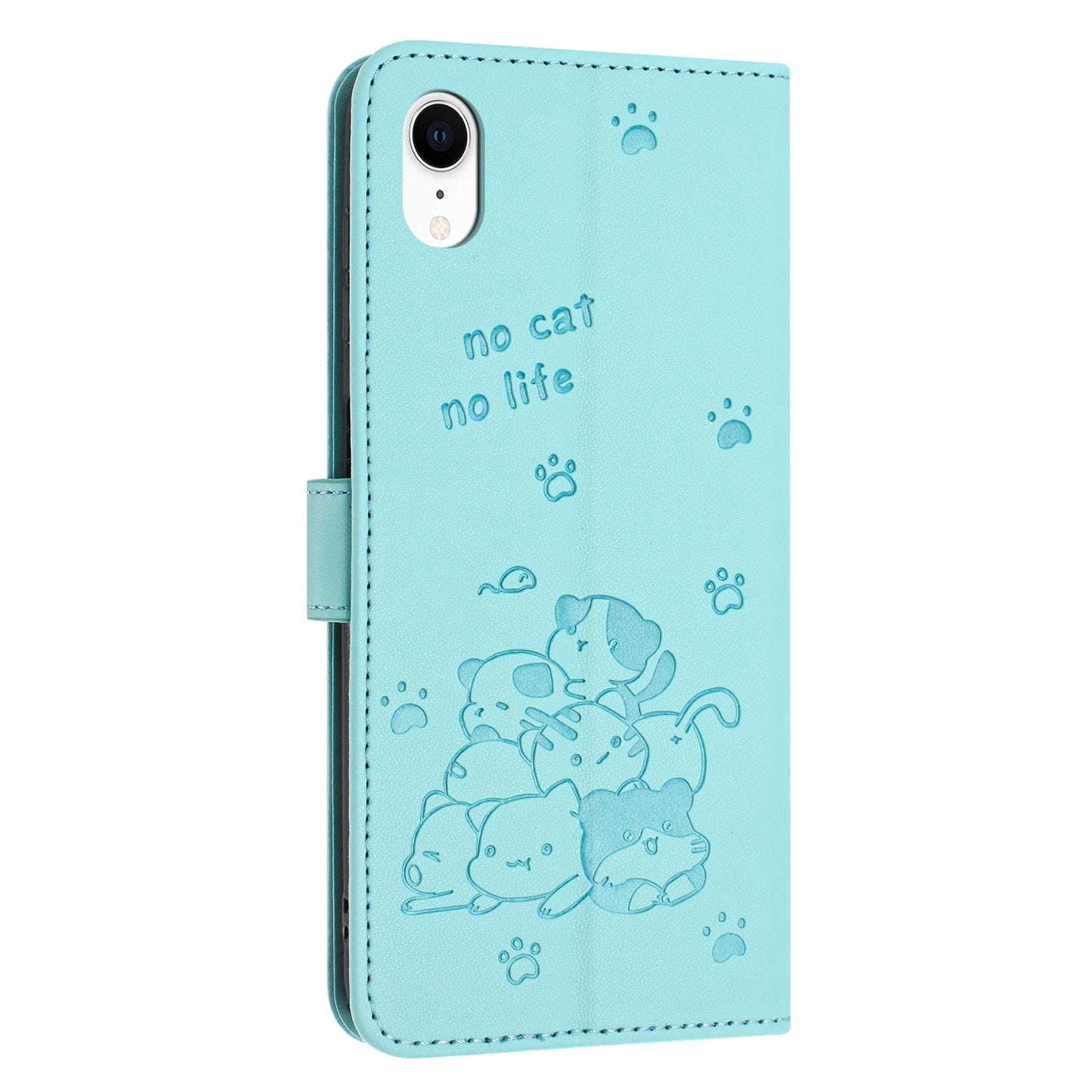 Apple iPhone XR Embossed Kitten PU Leather Wallet Case with Card Slots, Cash Pocket, Kickstand Function, Wrist Lanyard Strap, Full Protective TPU Flip Cover