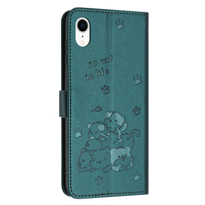 Apple iPhone XR Embossed Kitten PU Leather Wallet Case with Card Slots, Cash Pocket, Kickstand Function, Wrist Lanyard Strap, Full Protective TPU Flip Cover