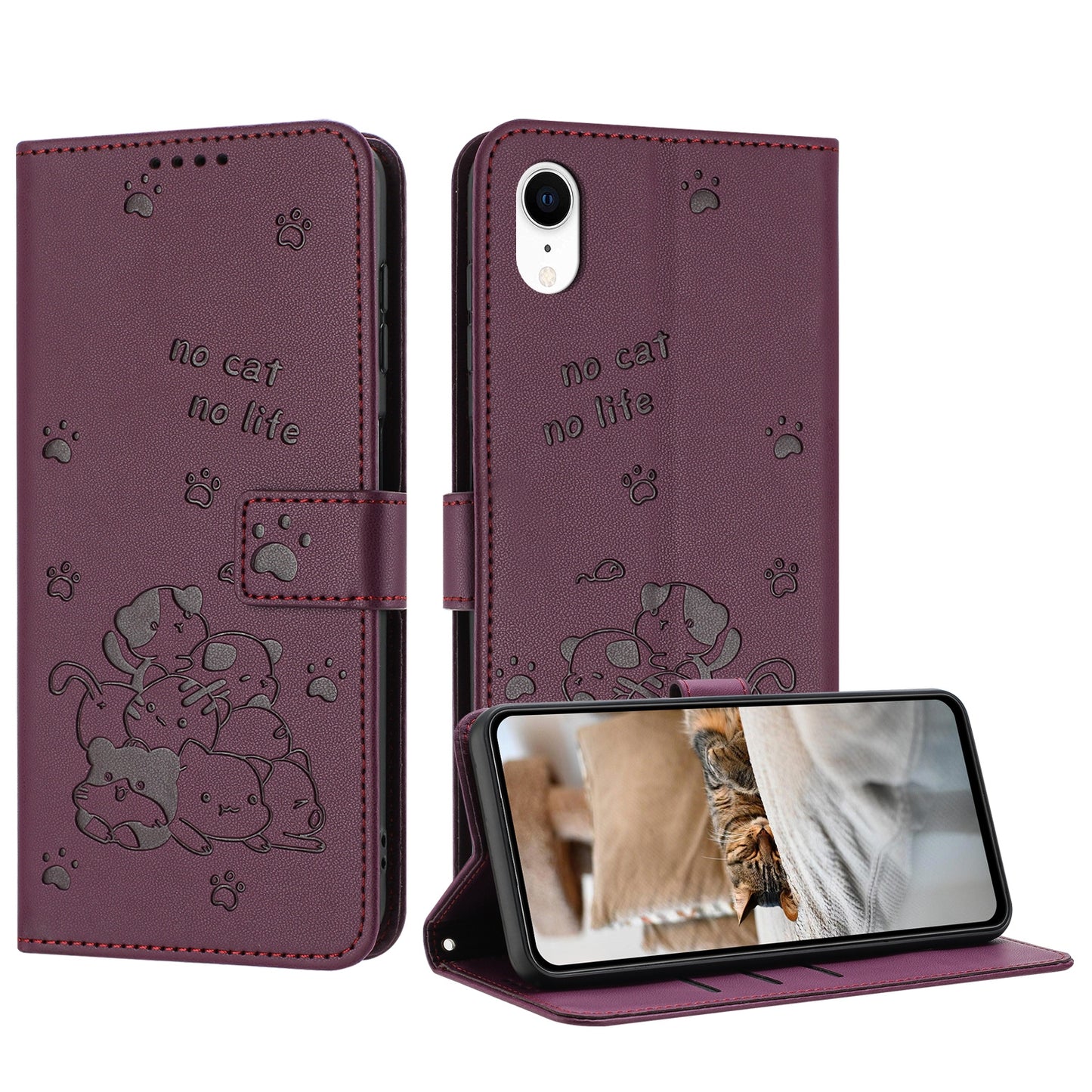 Apple iPhone XR Embossed Kitten PU Leather Wallet Case with Card Slots, Cash Pocket, Kickstand Function, Wrist Lanyard Strap, Full Protective TPU Flip Cover