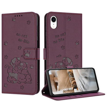 Apple iPhone XR Embossed Kitten PU Leather Wallet Case with Card Slots, Cash Pocket, Kickstand Function, Wrist Lanyard Strap, Full Protective TPU Flip Cover