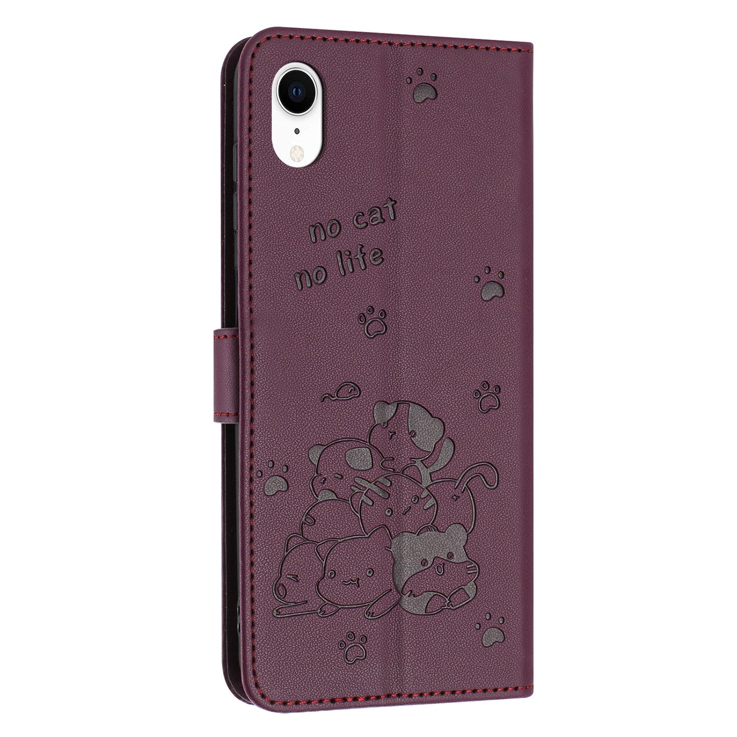 Apple iPhone XR Embossed Kitten PU Leather Wallet Case with Card Slots, Cash Pocket, Kickstand Function, Wrist Lanyard Strap, Full Protective TPU Flip Cover
