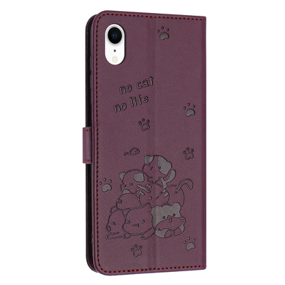 Apple iPhone XR Embossed Kitten PU Leather Wallet Case with Card Slots, Cash Pocket, Kickstand Function, Wrist Lanyard Strap, Full Protective TPU Flip Cover