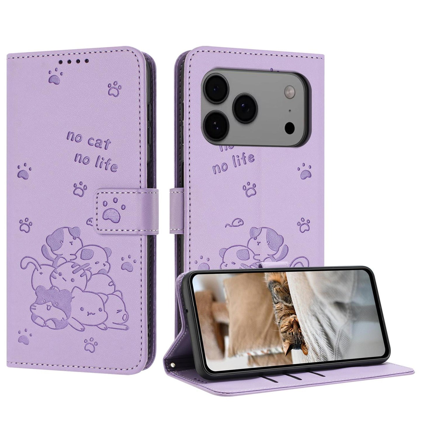 Apple iPhone 17 Pro Max Embossed Kitten PU Leather Wallet Case with Card Slots, Cash Pocket, Kickstand Function, Wrist Lanyard Strap, Full Protective TPU Flip Cover
