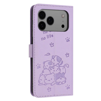 Apple iPhone 17 Pro Max Embossed Kitten PU Leather Wallet Case with Card Slots, Cash Pocket, Kickstand Function, Wrist Lanyard Strap, Full Protective TPU Flip Cover