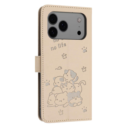 Apple iPhone 17 Pro Max Embossed Kitten PU Leather Wallet Case with Card Slots, Cash Pocket, Kickstand Function, Wrist Lanyard Strap, Full Protective TPU Flip Cover