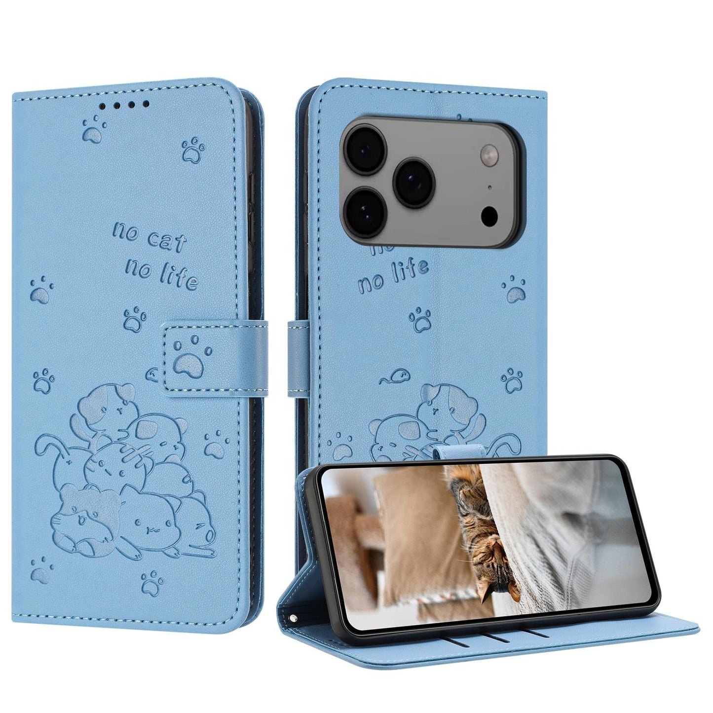 Apple iPhone 17 Pro Max Embossed Kitten PU Leather Wallet Case with Card Slots, Cash Pocket, Kickstand Function, Wrist Lanyard Strap, Full Protective TPU Flip Cover