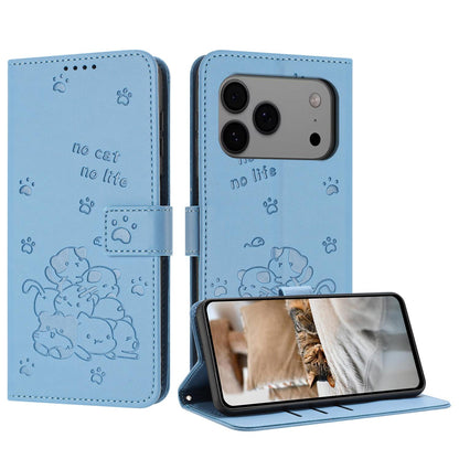 Apple iPhone 17 Pro Max Embossed Kitten PU Leather Wallet Case with Card Slots, Cash Pocket, Kickstand Function, Wrist Lanyard Strap, Full Protective TPU Flip Cover