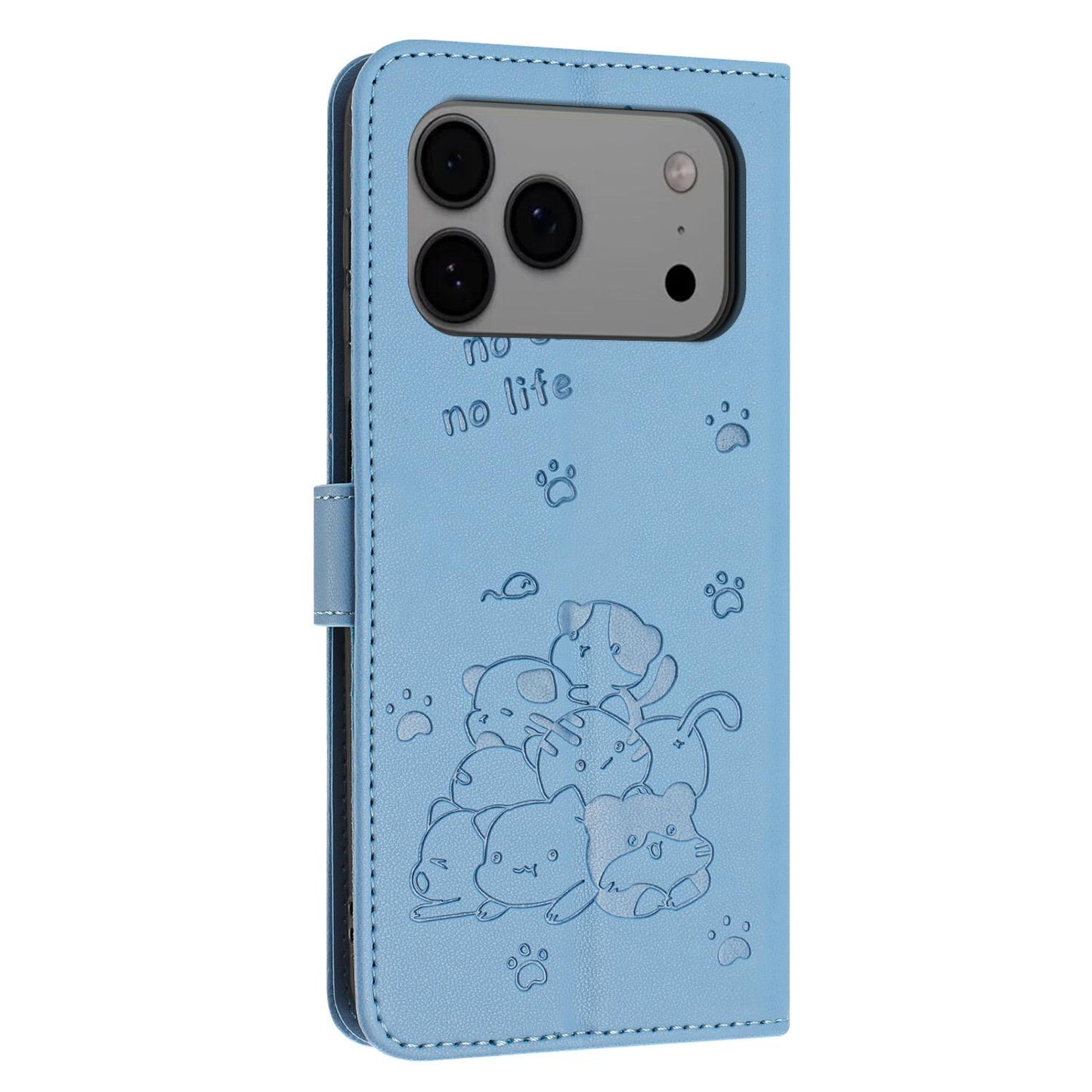 Apple iPhone 17 Pro Max Embossed Kitten PU Leather Wallet Case with Card Slots, Cash Pocket, Kickstand Function, Wrist Lanyard Strap, Full Protective TPU Flip Cover