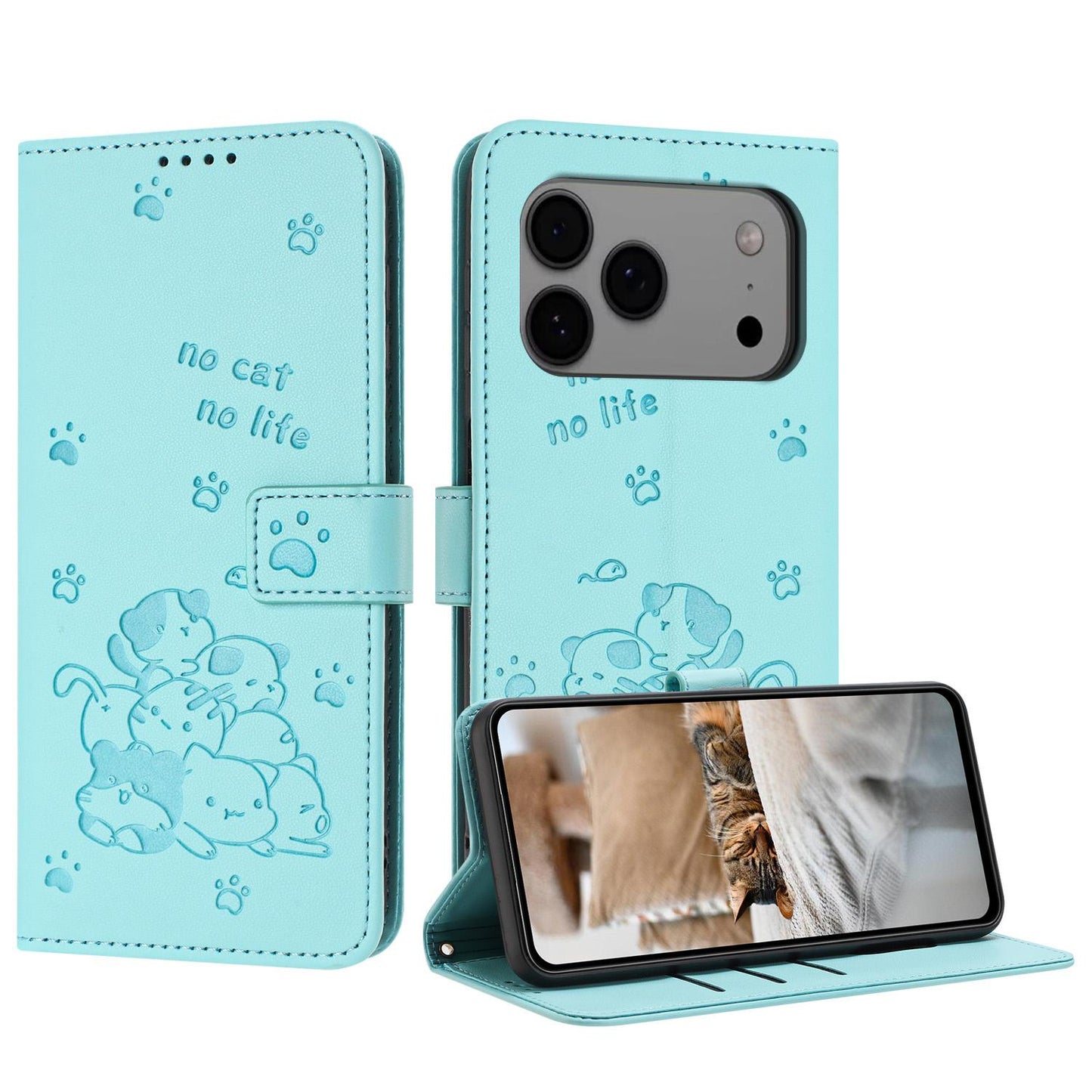 Apple iPhone 17 Pro Max Embossed Kitten PU Leather Wallet Case with Card Slots, Cash Pocket, Kickstand Function, Wrist Lanyard Strap, Full Protective TPU Flip Cover