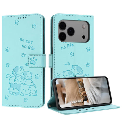 Apple iPhone 17 Pro Max Embossed Kitten PU Leather Wallet Case with Card Slots, Cash Pocket, Kickstand Function, Wrist Lanyard Strap, Full Protective TPU Flip Cover