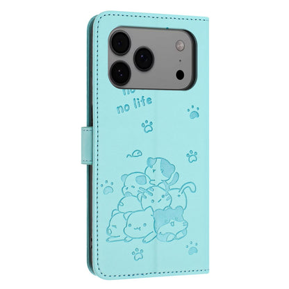 Apple iPhone 17 Pro Max Embossed Kitten PU Leather Wallet Case with Card Slots, Cash Pocket, Kickstand Function, Wrist Lanyard Strap, Full Protective TPU Flip Cover
