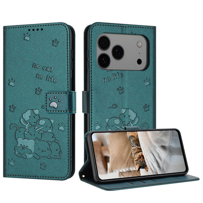 Apple iPhone 17 Pro Max Embossed Kitten PU Leather Wallet Case with Card Slots, Cash Pocket, Kickstand Function, Wrist Lanyard Strap, Full Protective TPU Flip Cover