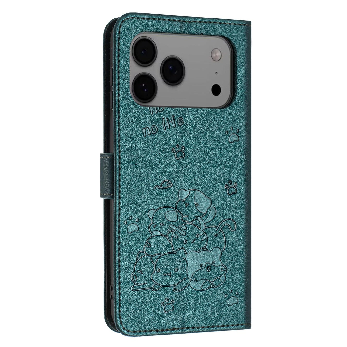 Apple iPhone 17 Pro Max Embossed Kitten PU Leather Wallet Case with Card Slots, Cash Pocket, Kickstand Function, Wrist Lanyard Strap, Full Protective TPU Flip Cover