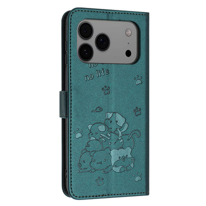 Apple iPhone 17 Pro Max Embossed Kitten PU Leather Wallet Case with Card Slots, Cash Pocket, Kickstand Function, Wrist Lanyard Strap, Full Protective TPU Flip Cover