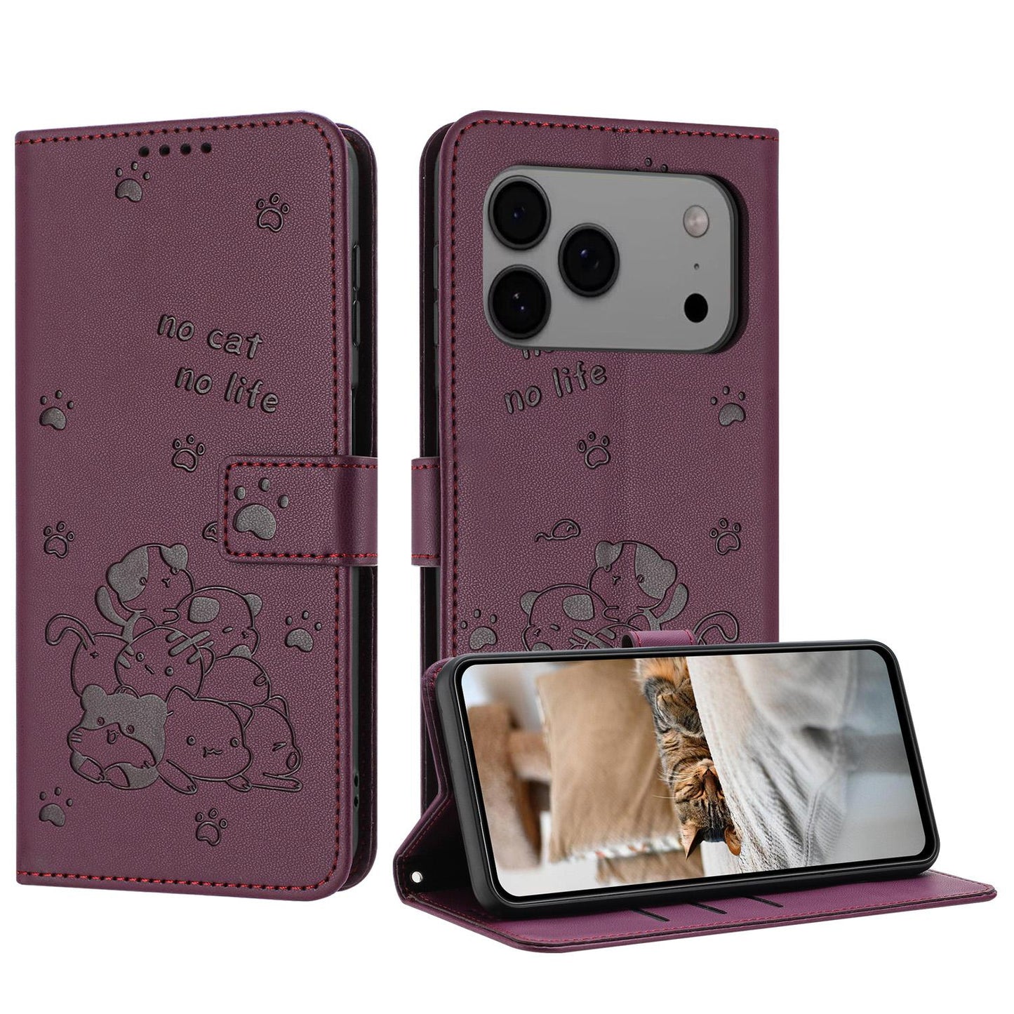 Apple iPhone 17 Pro Max Embossed Kitten PU Leather Wallet Case with Card Slots, Cash Pocket, Kickstand Function, Wrist Lanyard Strap, Full Protective TPU Flip Cover