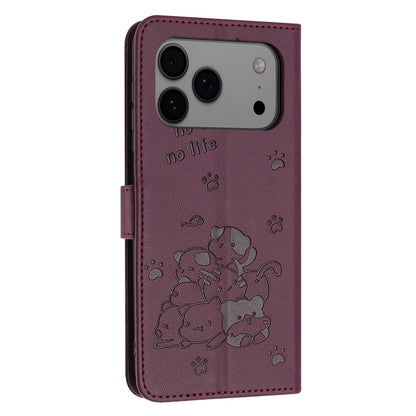 Apple iPhone 17 Pro Max Embossed Kitten PU Leather Wallet Case with Card Slots, Cash Pocket, Kickstand Function, Wrist Lanyard Strap, Full Protective TPU Flip Cover