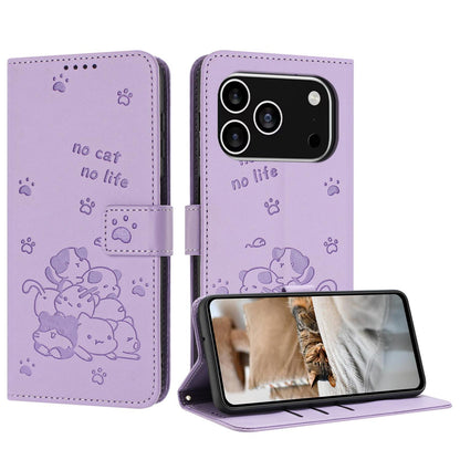 Apple iPhone 17 Pro Embossed Kitten PU Leather Wallet Case with Card Slots, Cash Pocket, Kickstand Function, Wrist Lanyard Strap, Full Protective TPU Flip Cover