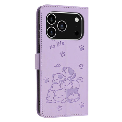 Apple iPhone 17 Pro Embossed Kitten PU Leather Wallet Case with Card Slots, Cash Pocket, Kickstand Function, Wrist Lanyard Strap, Full Protective TPU Flip Cover