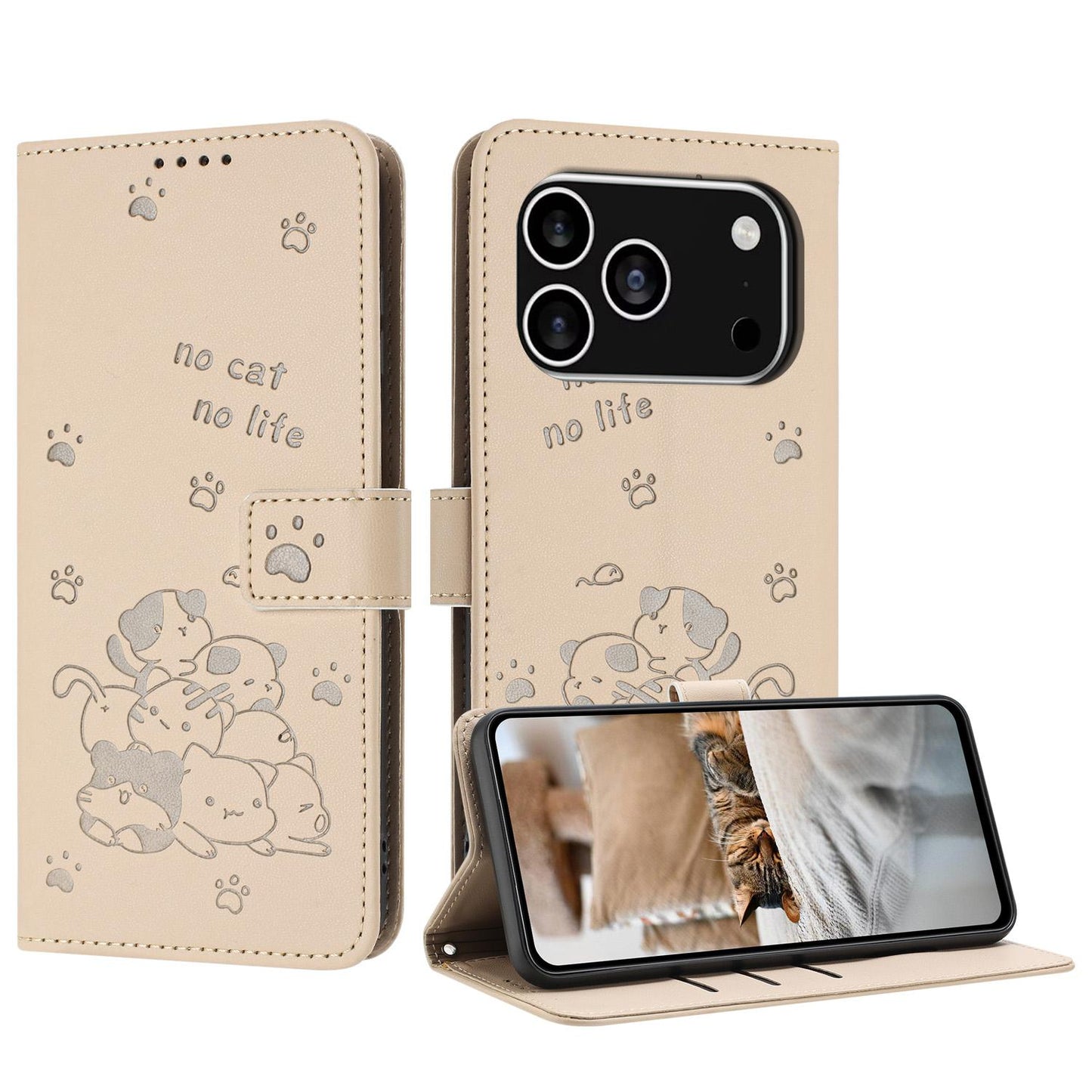 Apple iPhone 17 Pro Embossed Kitten PU Leather Wallet Case with Card Slots, Cash Pocket, Kickstand Function, Wrist Lanyard Strap, Full Protective TPU Flip Cover