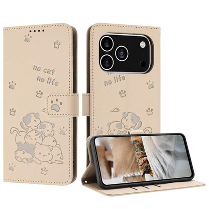 Apple iPhone 17 Pro Embossed Kitten PU Leather Wallet Case with Card Slots, Cash Pocket, Kickstand Function, Wrist Lanyard Strap, Full Protective TPU Flip Cover