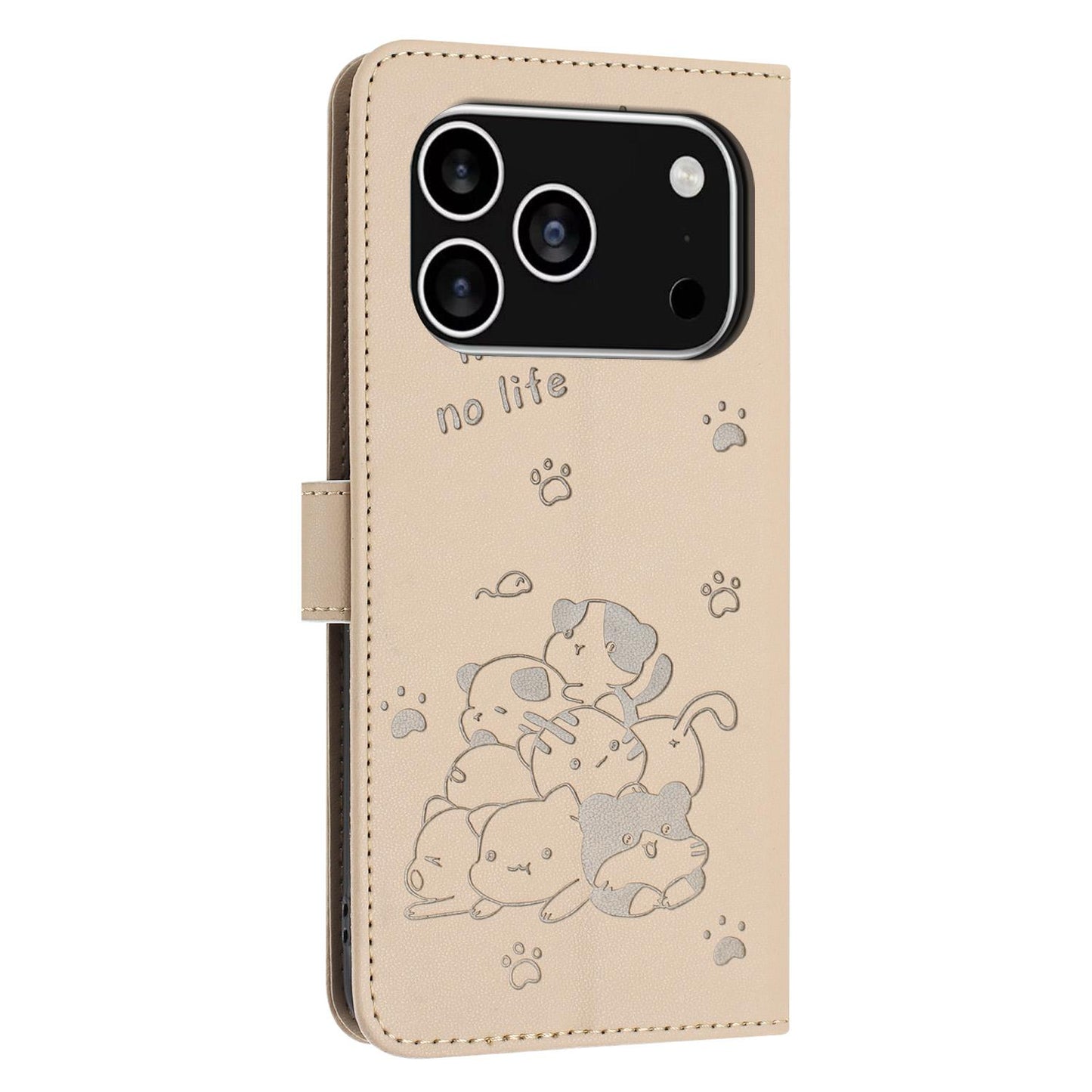 Apple iPhone 17 Pro Embossed Kitten PU Leather Wallet Case with Card Slots, Cash Pocket, Kickstand Function, Wrist Lanyard Strap, Full Protective TPU Flip Cover