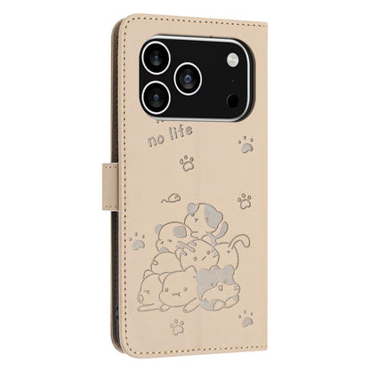 Apple iPhone 17 Pro Embossed Kitten PU Leather Wallet Case with Card Slots, Cash Pocket, Kickstand Function, Wrist Lanyard Strap, Full Protective TPU Flip Cover