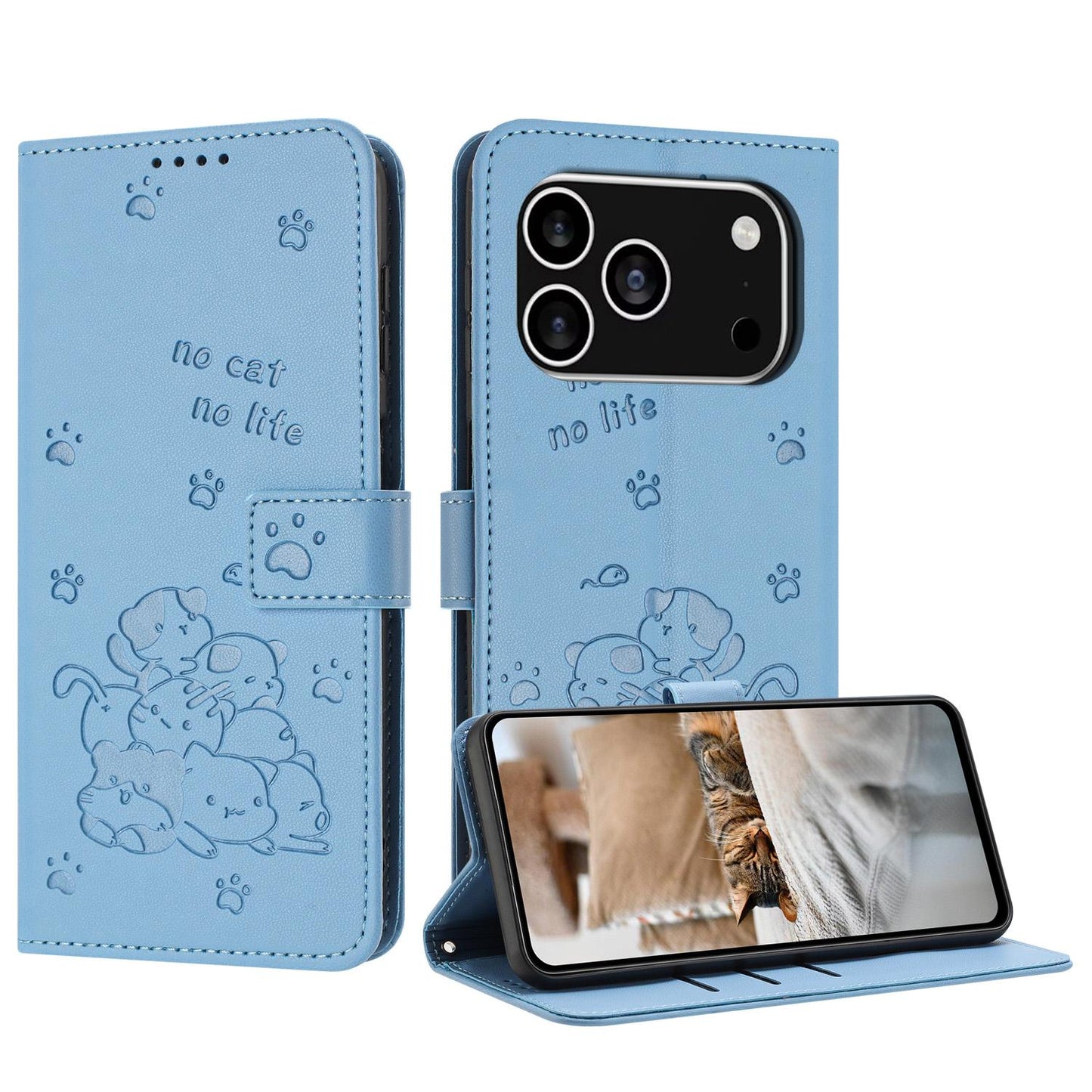 Apple iPhone 17 Pro Embossed Kitten PU Leather Wallet Case with Card Slots, Cash Pocket, Kickstand Function, Wrist Lanyard Strap, Full Protective TPU Flip Cover