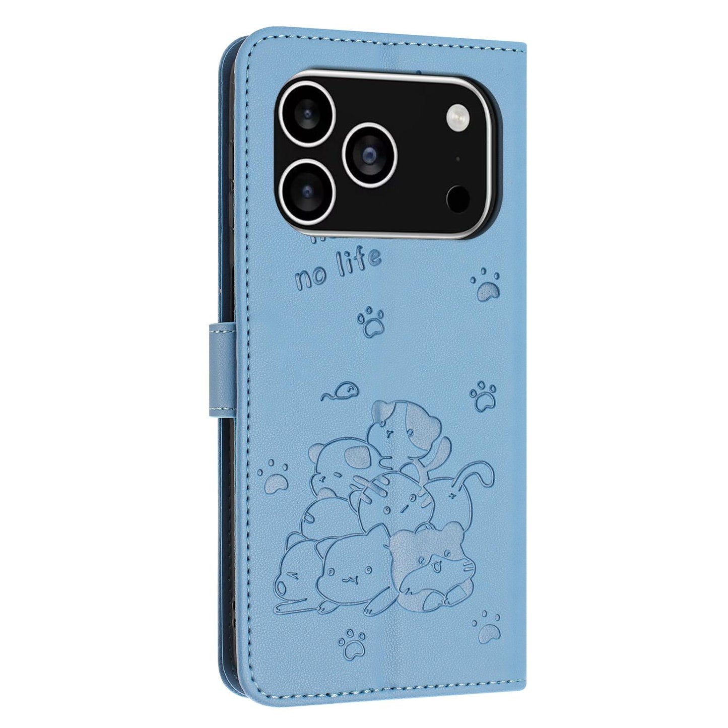 Apple iPhone 17 Pro Embossed Kitten PU Leather Wallet Case with Card Slots, Cash Pocket, Kickstand Function, Wrist Lanyard Strap, Full Protective TPU Flip Cover