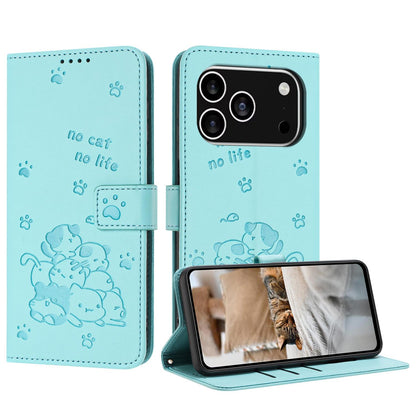 Apple iPhone 17 Pro Embossed Kitten PU Leather Wallet Case with Card Slots, Cash Pocket, Kickstand Function, Wrist Lanyard Strap, Full Protective TPU Flip Cover