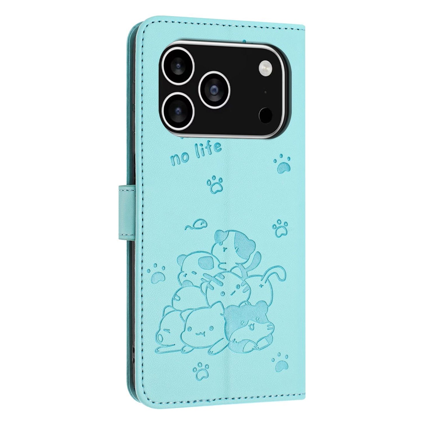 Apple iPhone 17 Pro Embossed Kitten PU Leather Wallet Case with Card Slots, Cash Pocket, Kickstand Function, Wrist Lanyard Strap, Full Protective TPU Flip Cover
