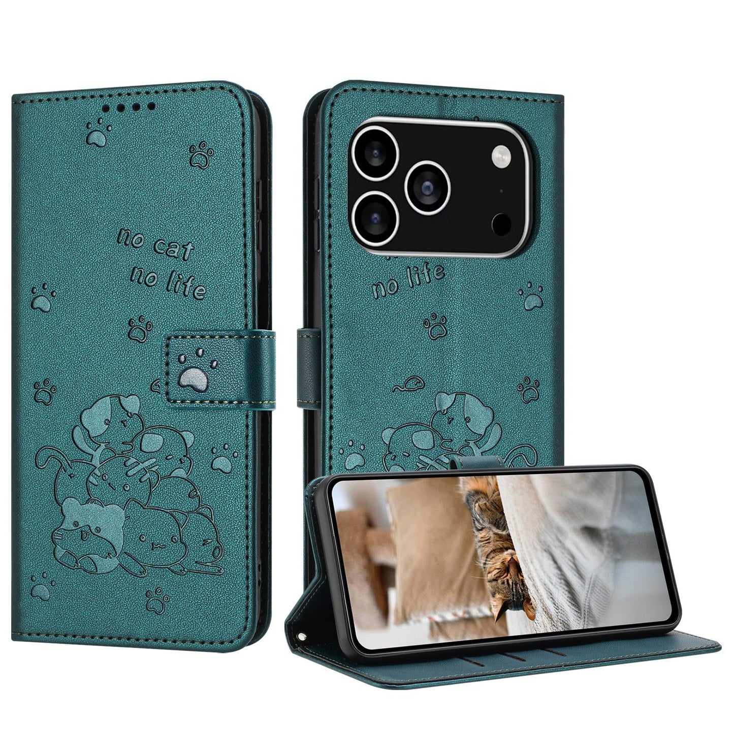 Apple iPhone 17 Pro Embossed Kitten PU Leather Wallet Case with Card Slots, Cash Pocket, Kickstand Function, Wrist Lanyard Strap, Full Protective TPU Flip Cover