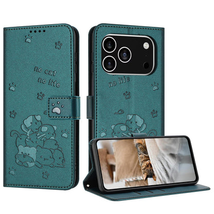 Apple iPhone 17 Pro Embossed Kitten PU Leather Wallet Case with Card Slots, Cash Pocket, Kickstand Function, Wrist Lanyard Strap, Full Protective TPU Flip Cover