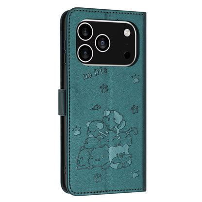 Apple iPhone 17 Pro Embossed Kitten PU Leather Wallet Case with Card Slots, Cash Pocket, Kickstand Function, Wrist Lanyard Strap, Full Protective TPU Flip Cover