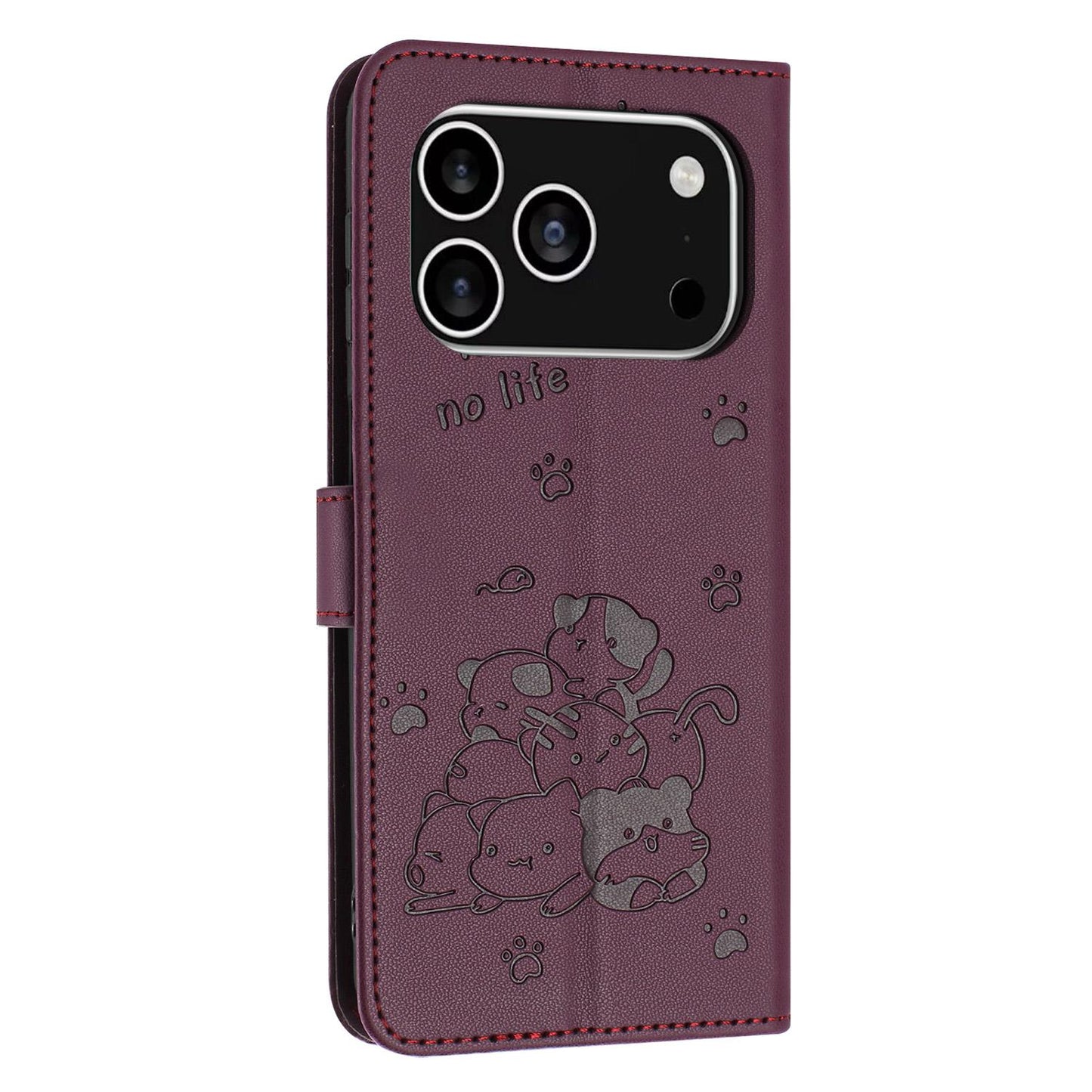 Apple iPhone 17 Pro Embossed Kitten PU Leather Wallet Case with Card Slots, Cash Pocket, Kickstand Function, Wrist Lanyard Strap, Full Protective TPU Flip Cover