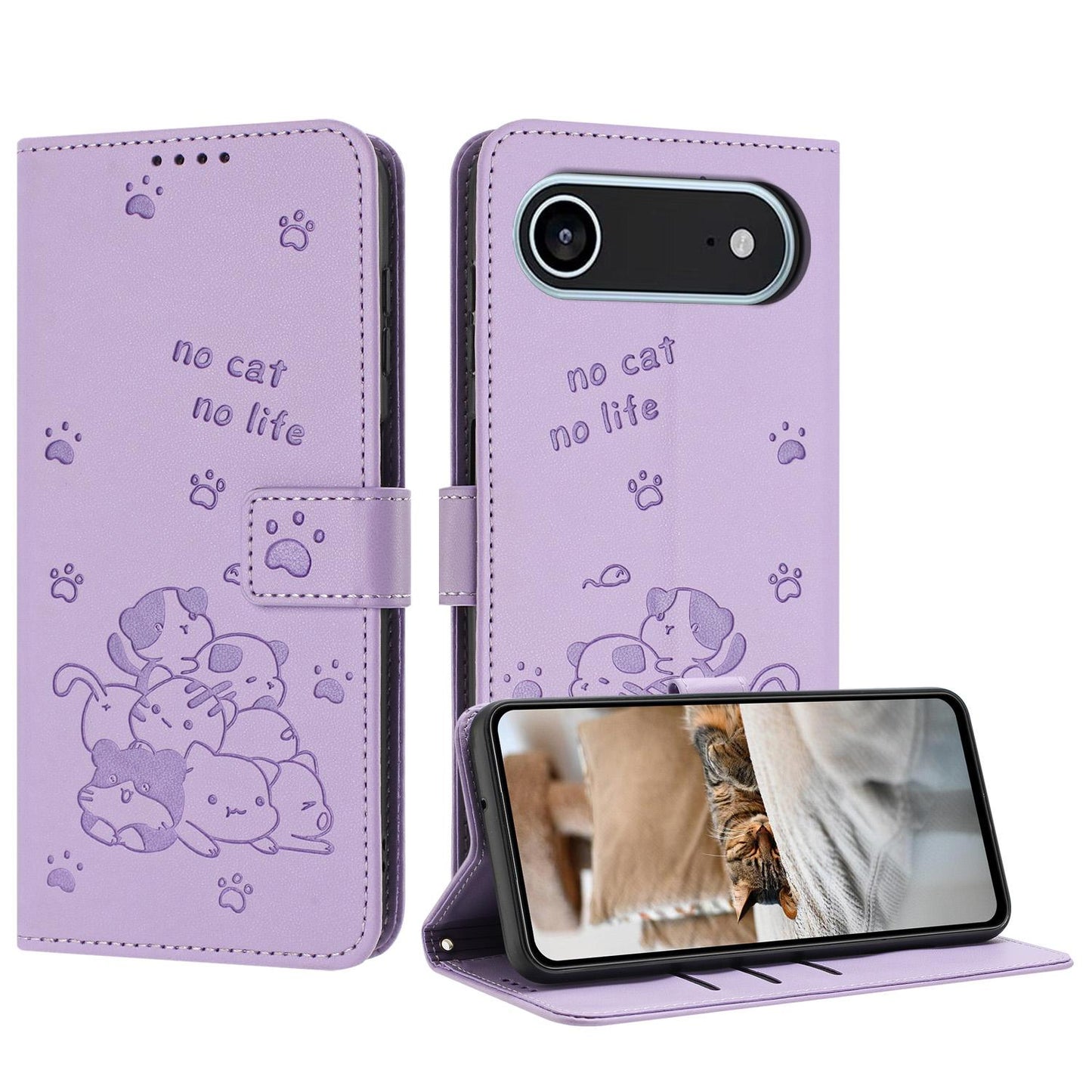 Apple iPhone Air Embossed Kitten PU Leather Wallet Case with Card Slots, Cash Pocket, Kickstand Function, Wrist Lanyard Strap, Full Protective TPU Flip Cover