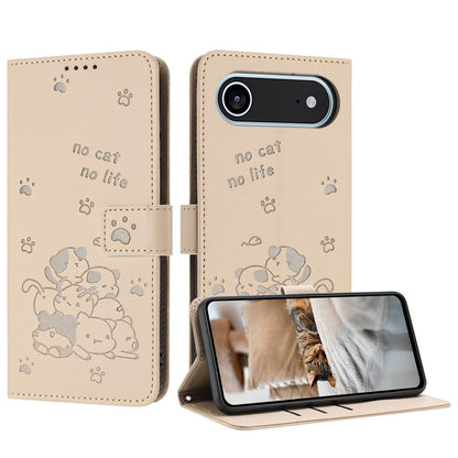 Apple iPhone Air Embossed Kitten PU Leather Wallet Case with Card Slots, Cash Pocket, Kickstand Function, Wrist Lanyard Strap, Full Protective TPU Flip Cover
