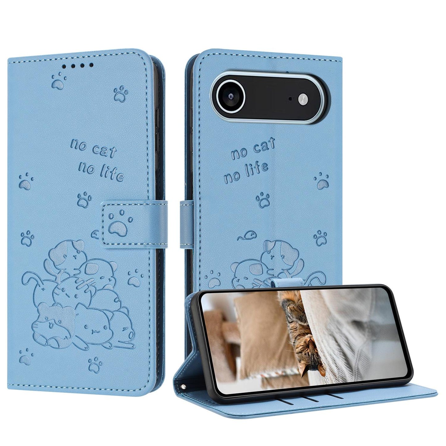 Apple iPhone Air Embossed Kitten PU Leather Wallet Case with Card Slots, Cash Pocket, Kickstand Function, Wrist Lanyard Strap, Full Protective TPU Flip Cover